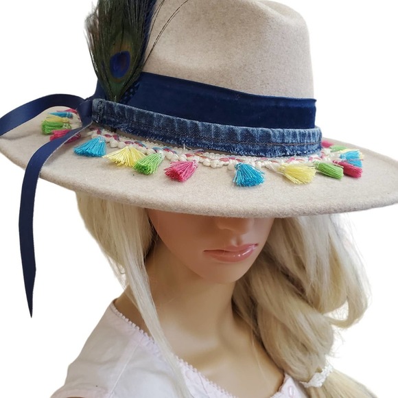 Custom Designed Boho Chic Women's Wide Brimmed Felt Fedora - Picture 3 of 7
